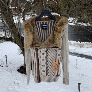 NWT Leif Nelson fur-lined hood knitted jacket